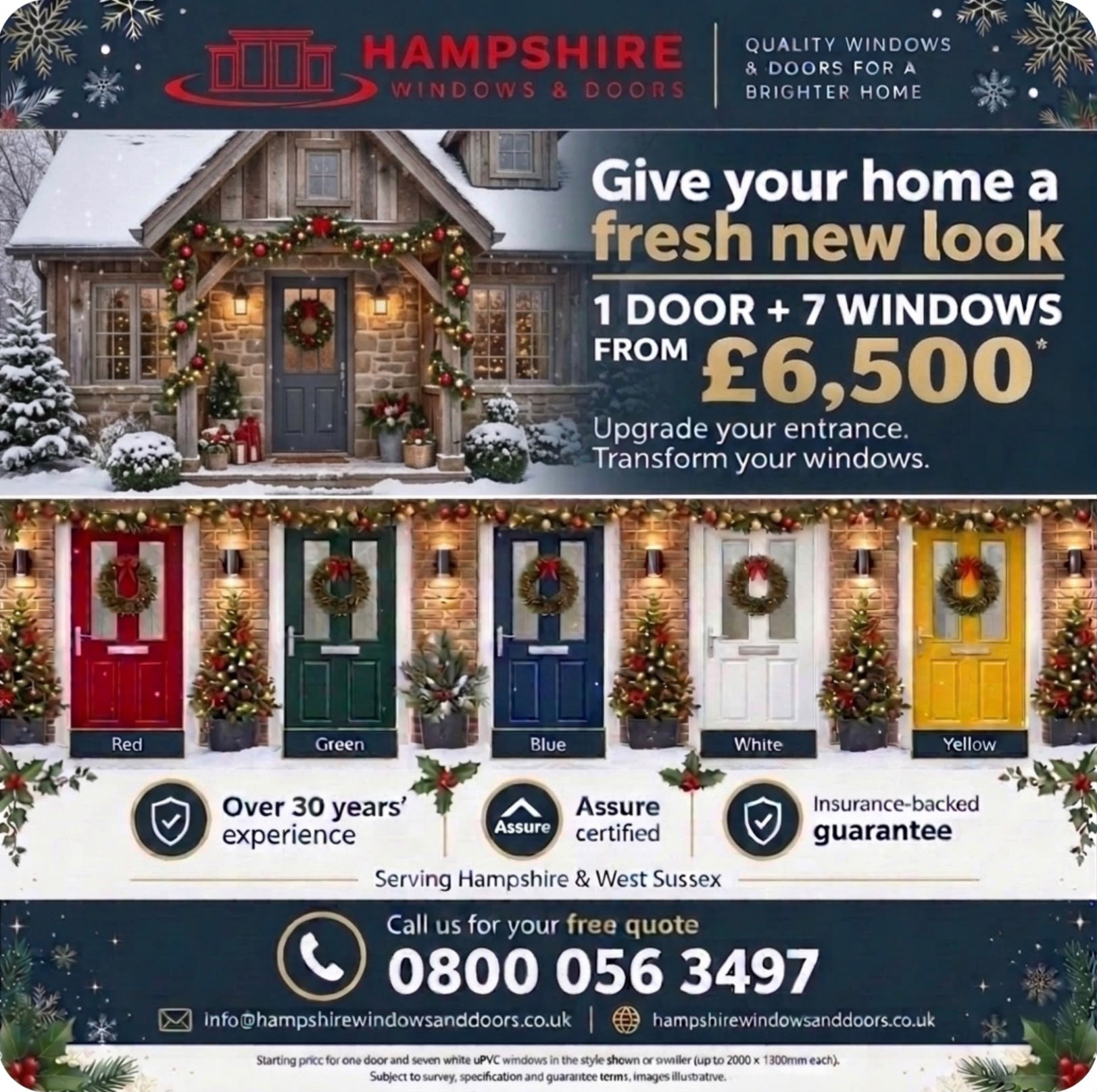 Range of composite doors in Red, Green, Blue, White and Yellow with seasonal decorations